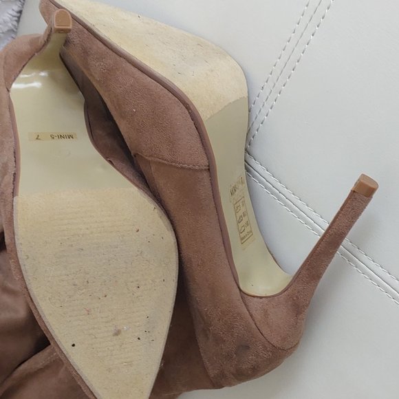Over The Knee Tan Faux Suede Stiletto Heel Boots - Picture 8 of 9